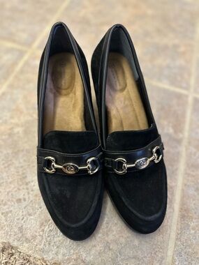 Gianni Bernini Black Suede Heeled Loafers with Gold Chain Accent - WORN ONCE
